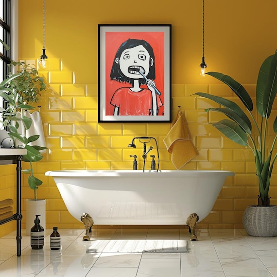 Funny Teeth Brushing Wall Art Brush Teeth Poster Cute Girl Brushing Teeth Print Silly Bathroom Decor