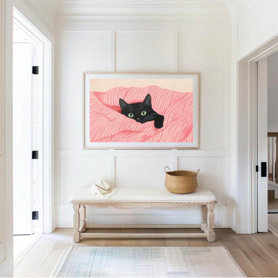 Black Kitten In Pink Striped Bedding Cute Cat Bedroom Poster Art