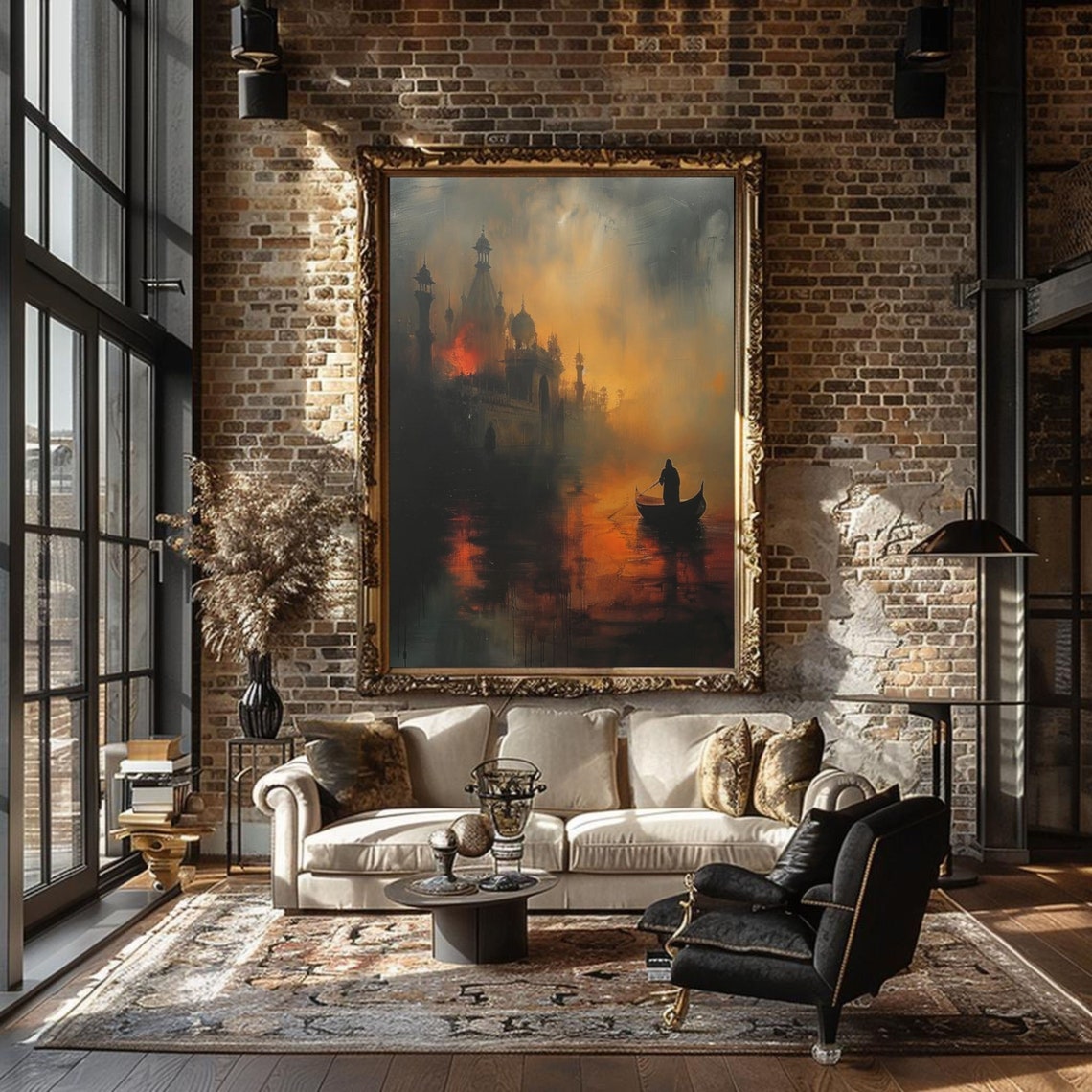 Kolkata Sunset Oil Painting Poster India River Boat Golden Hour Art