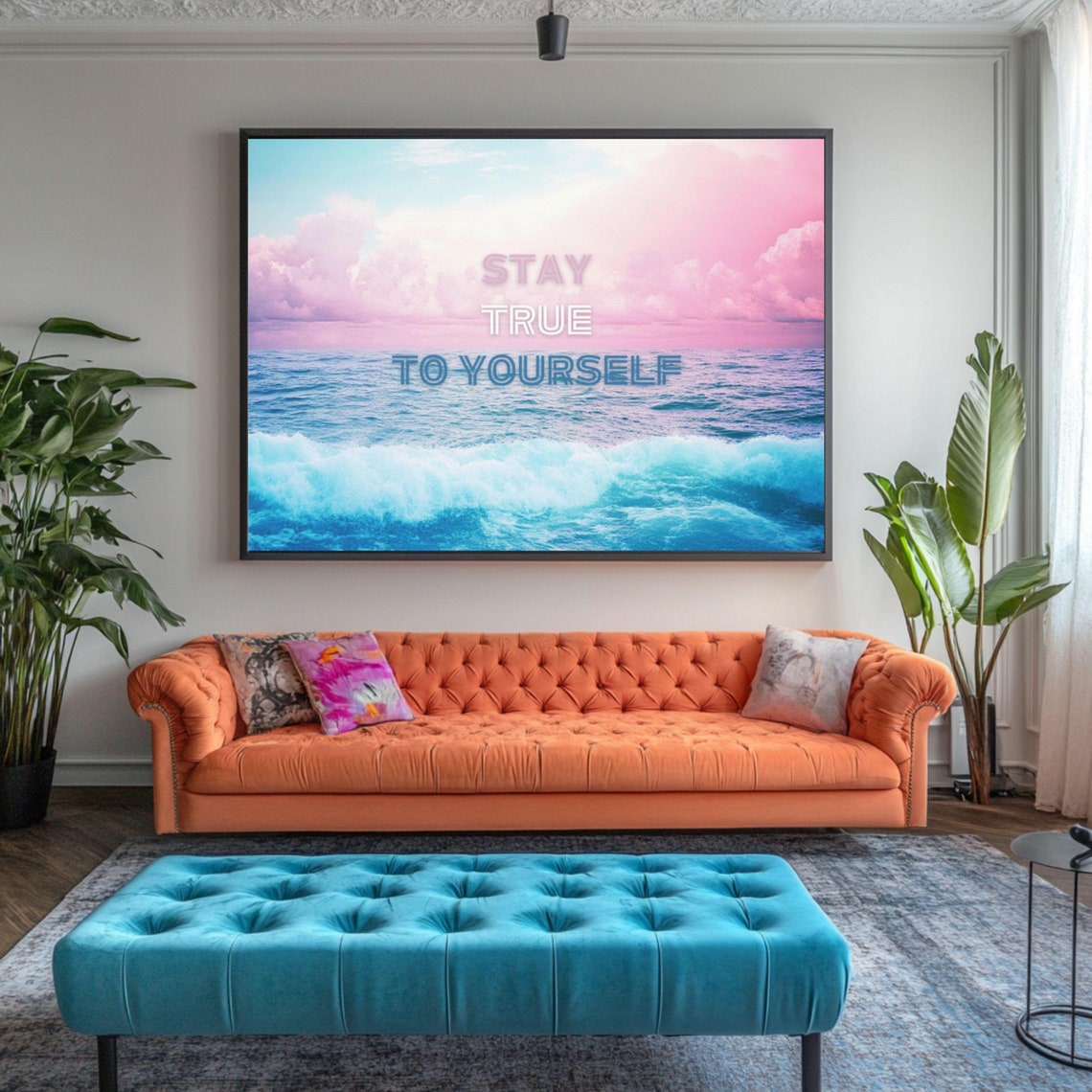 Stay True to Yourself Ocean Waves Pink Sky Motivational Quote Poster