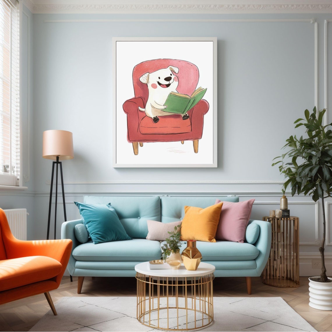 Cute Happy White Dog Reading a Green Book in a Red Armchair Art Poster