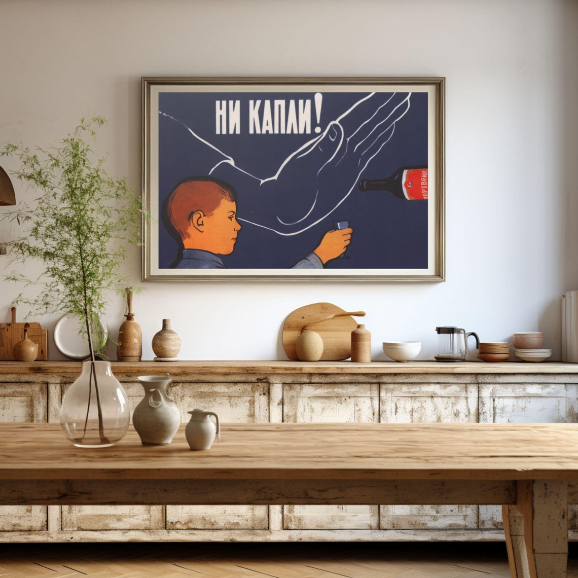 Bold Vintage Soviet NI KAPLI Not a Drop Anti-Alcohol Wall Poster
