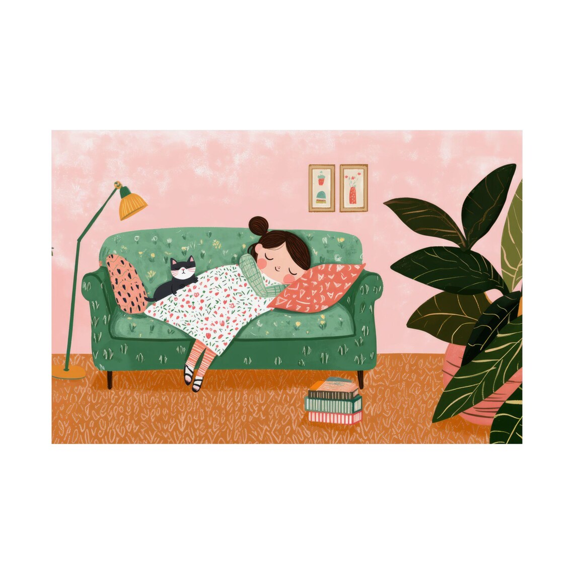 Sleeping Girl With Black Cat on Green Sofa Cozy Illustration Poster - Image 5
