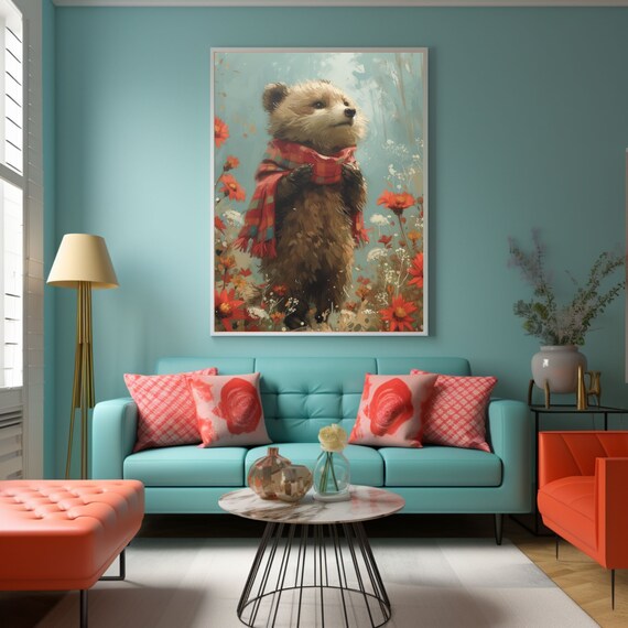 Cute Baby Bear Wearing a Red Plaid Scarf in Wildflowers Poster