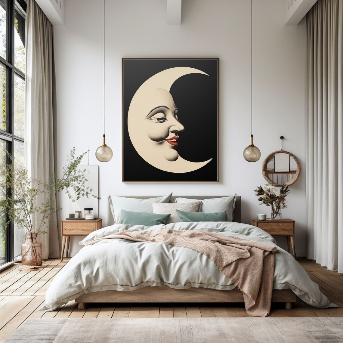 Smiling Crescent Moon Retro Moon Wall Art Print