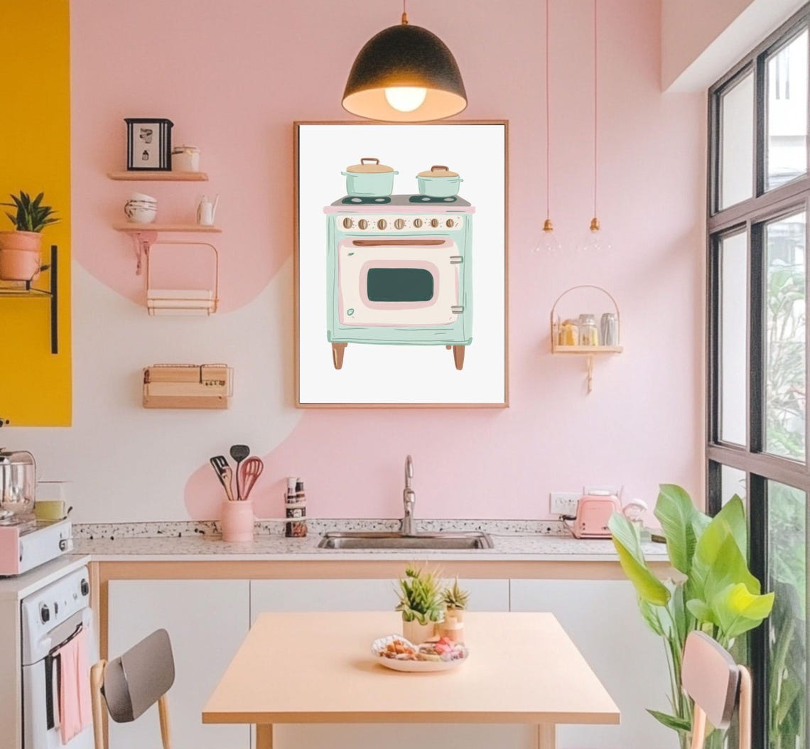 Retro Mint Green Vintage Stove Cute Kitchen Illustration Art Poster