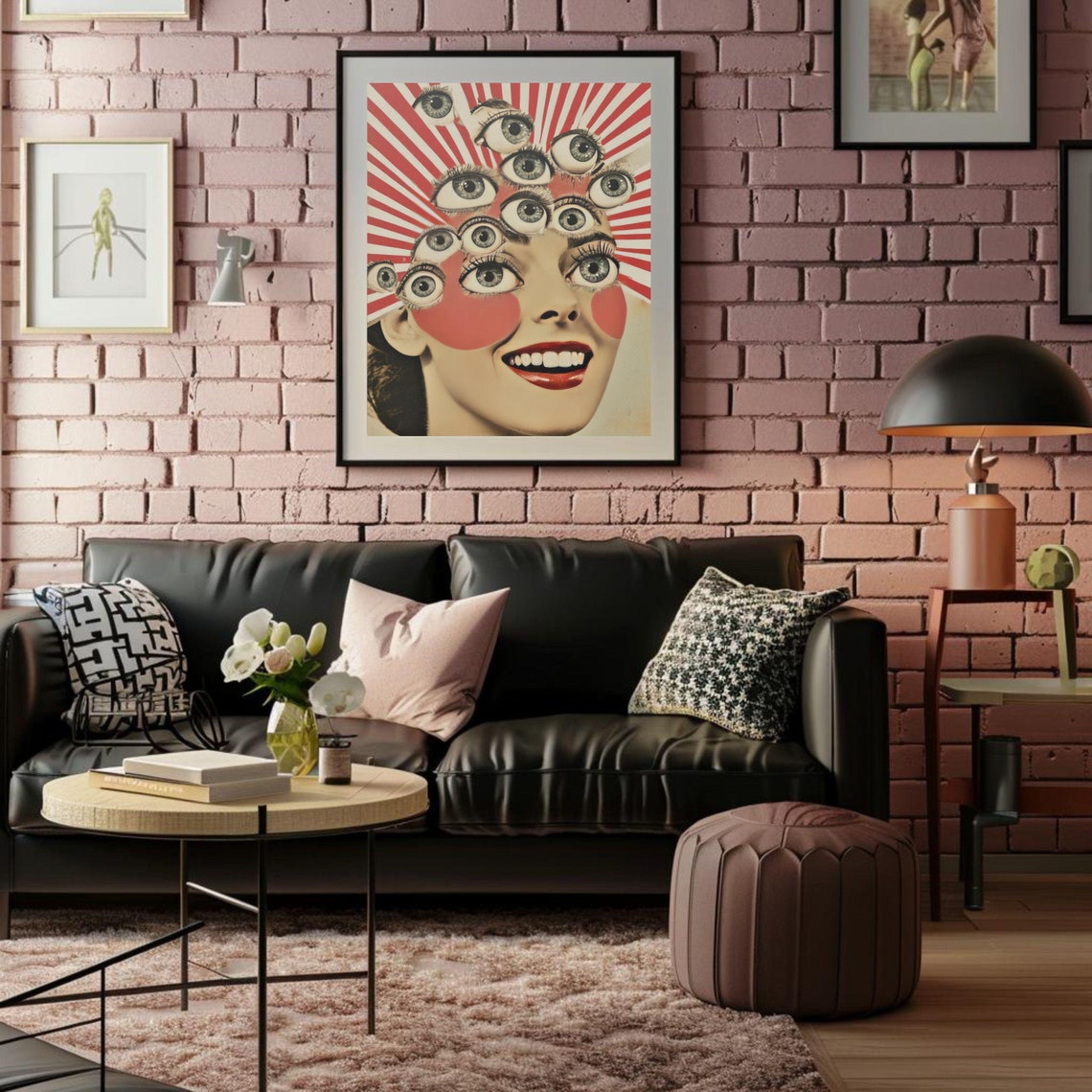 Retro Girl Collage Crowned With Floating Eyes Surreal Art Poster