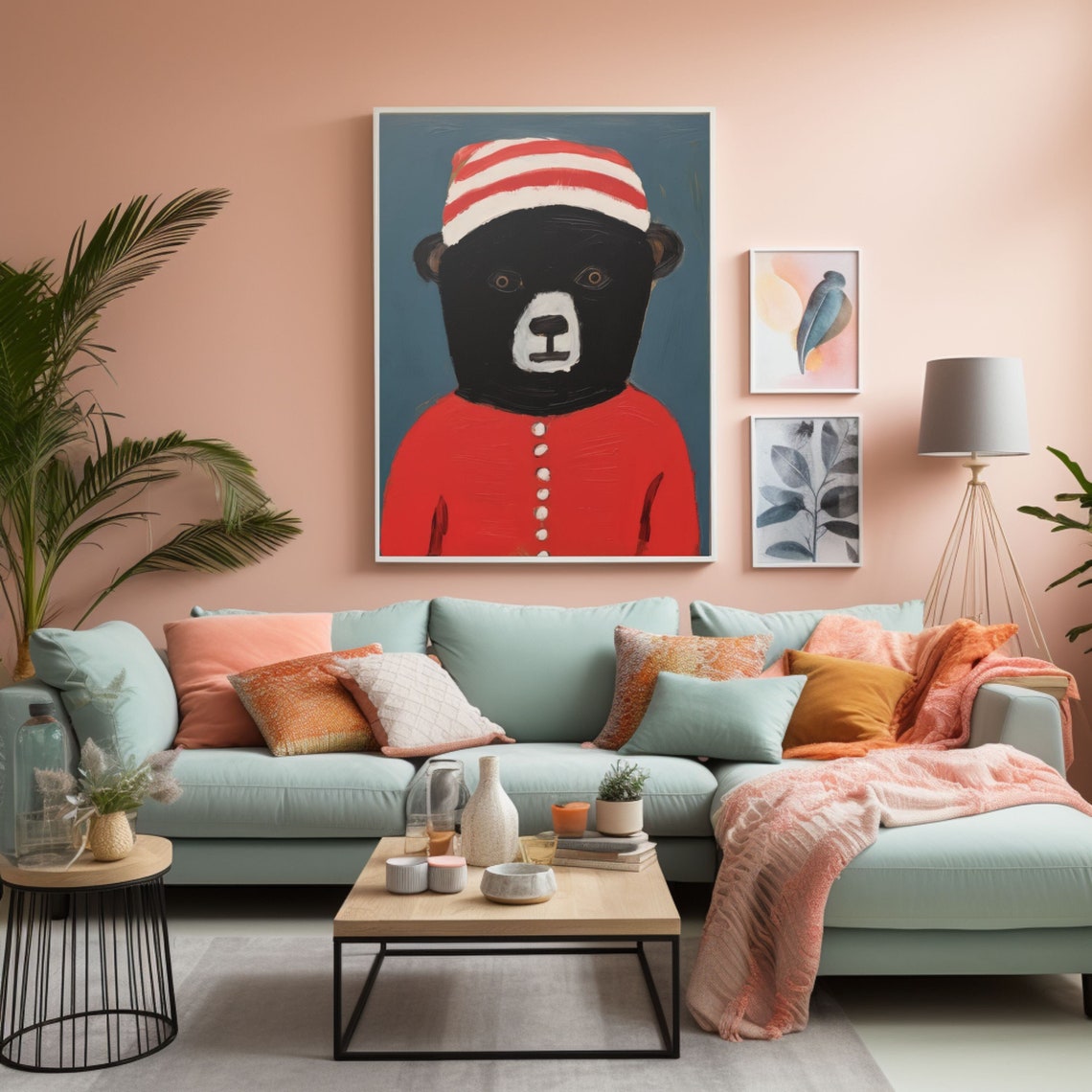 Black Bear Wearing A Red Sweater And Striped Beanie Art Poster