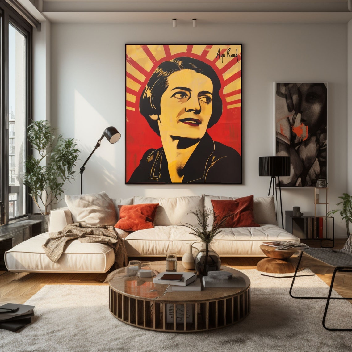 Ayn Rand Retro Pop Art Portrait with Bold Red Sunburst Poster