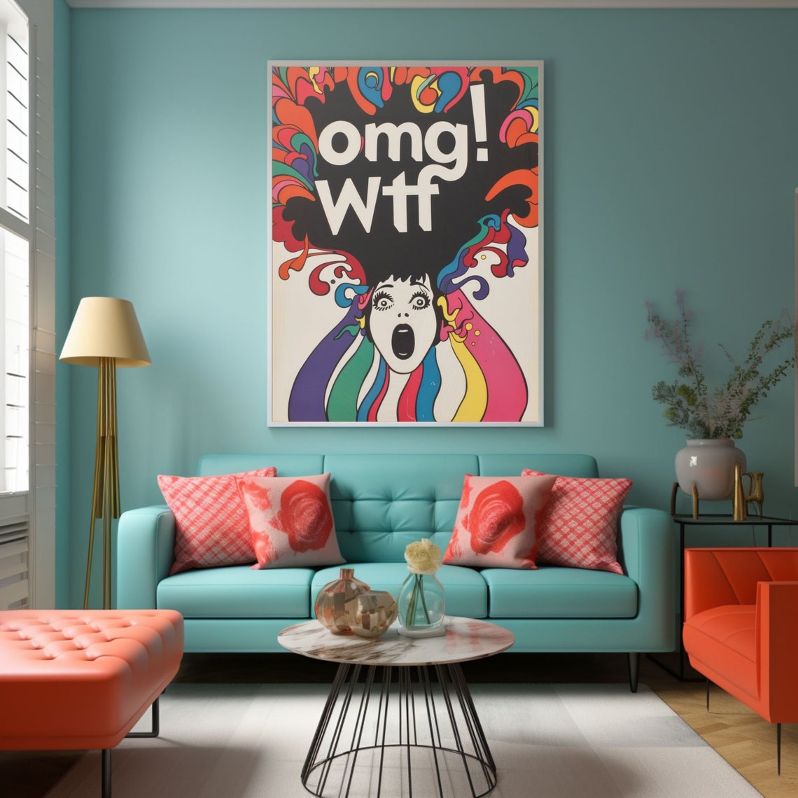 Psychedelic Retro Pop Art Shocked Woman OMG WTF Text Wall Poster