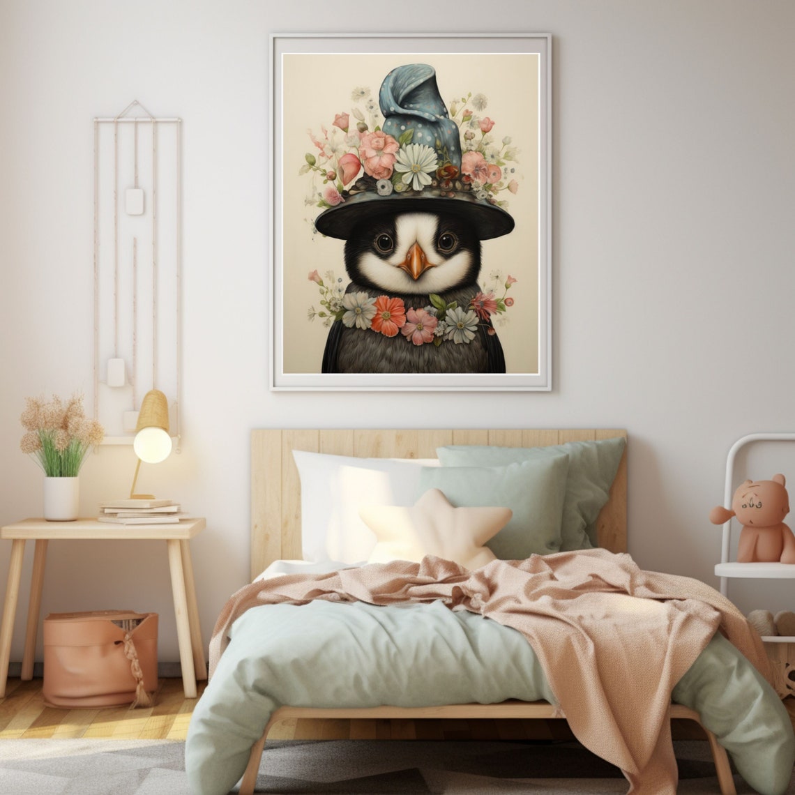 Cute Bird in Flower Witch Hat Vintage Floral Charm Art Poster
