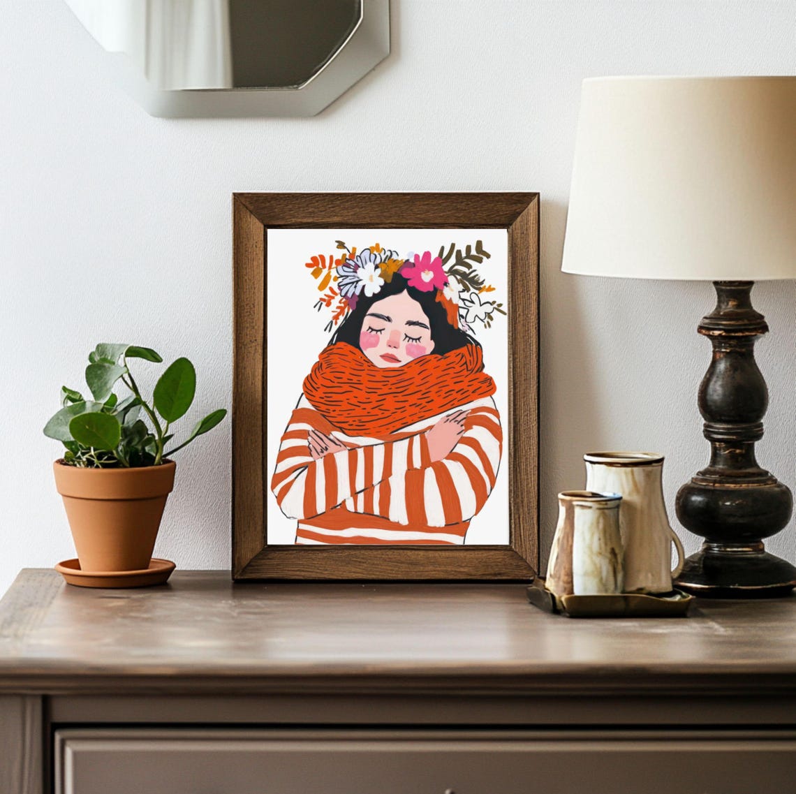 Woman With Flower Crown Striped Sweater Cozy Hand Drawn Poster