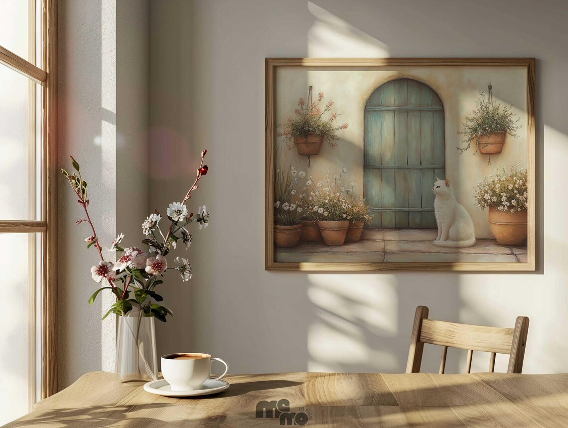Rustic Cat And Flowers, Mediterranean Boho Art Print - Image 6