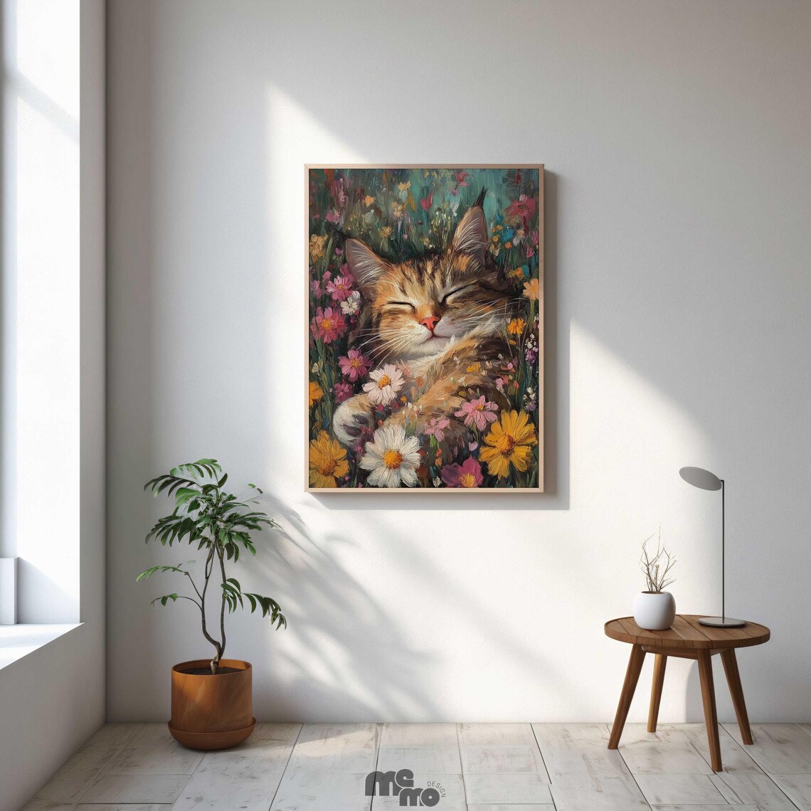 Sleeping Maine Coon Cat, Floral Meadow Art Print - Image 6