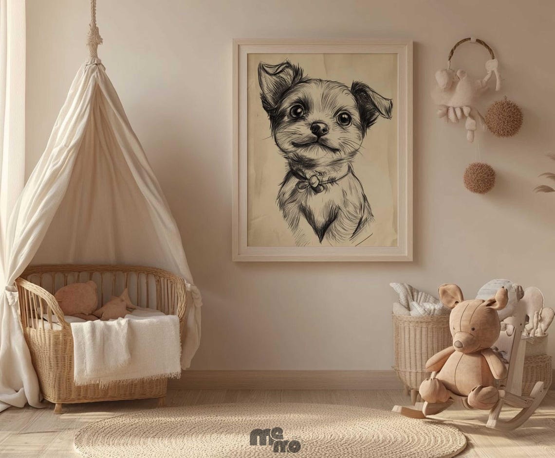 Sweet Puppy Sketch Boho Nursery Decor Art Print - Image 2