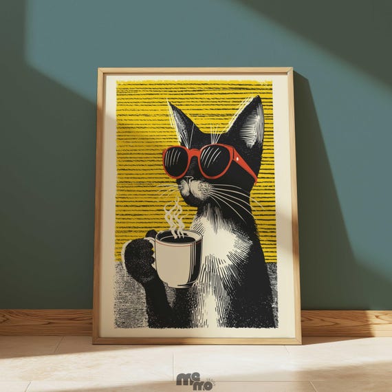 Cool Vintage Cat Drinking Coffee Wall Art Funny With Red Sunglasses Pop Quirky Pet Poster For Lovers Decor