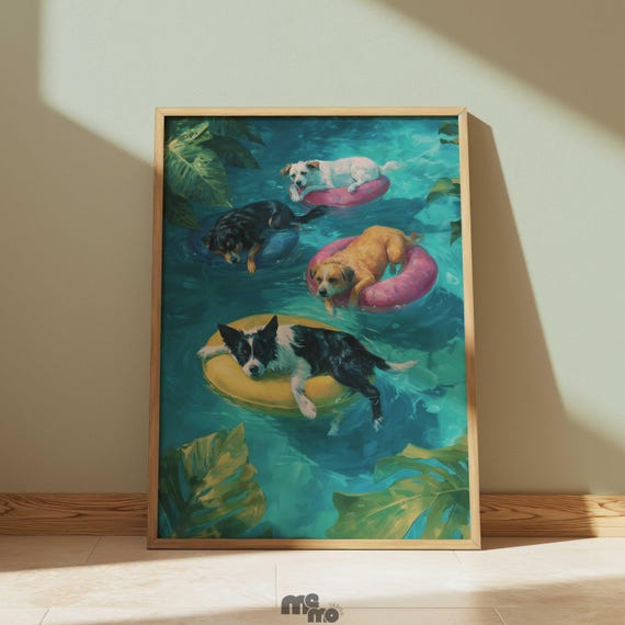 Dog Pool Float Wall Art Poster Funny Summer Pet Painting Print Tropical Matte Paper For Lover Gift Bathroom Or Beach Decor
