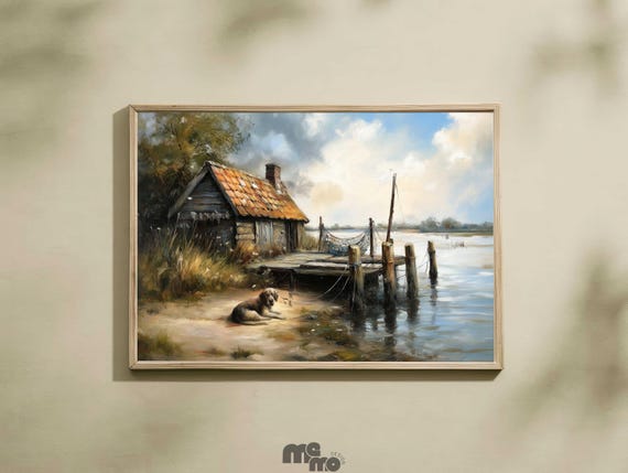 Rustic Dog Cabin Lake Wall Art Old By The Fishing Hut Painting Print Vintage Lover Decor Countryside Artwork