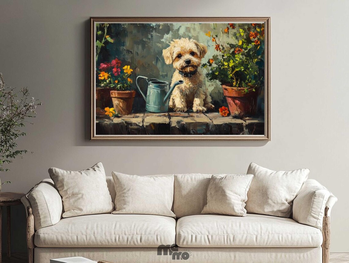 Adorable Yorkie Terrier, Floral Garden Oil Painting - Image 3