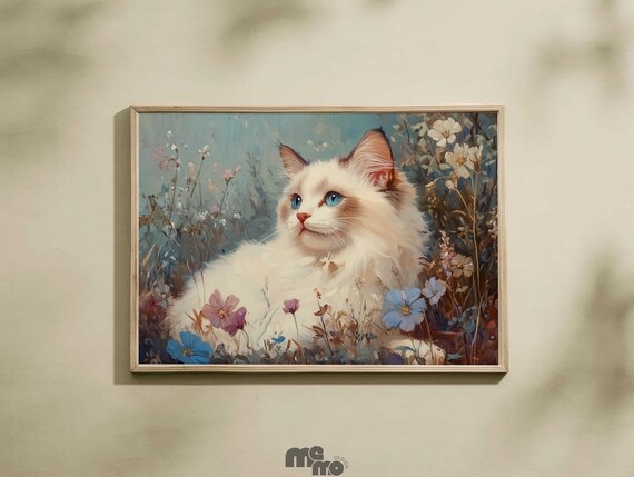 Floral White Ragdoll Cat Among Wildflowers Oil Painting Print
