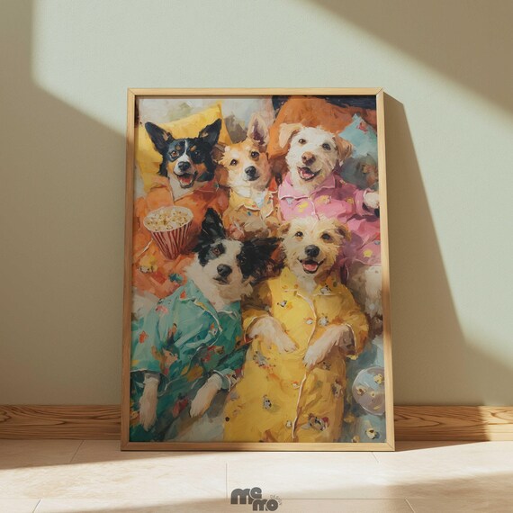 Five Happy Dogs in Pajamas with Popcorn Movie Night Painting Poster