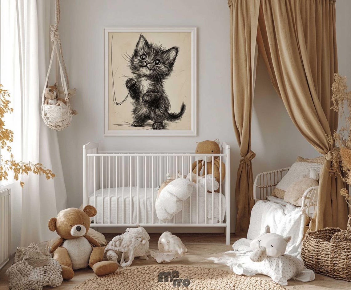 Cute Kitten - Playful Maine Coon Sketch, Nursery Decor - Image 3