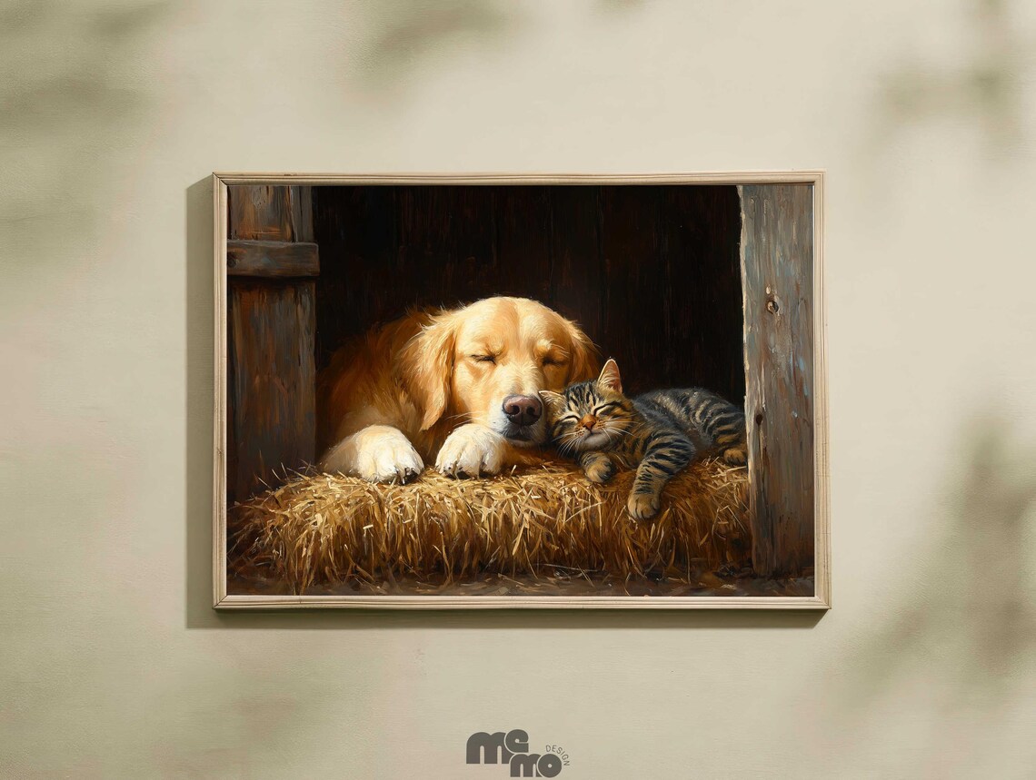 Golden Retriever And Cat Sleeping Poster Cozy Barn Farmhouse Art