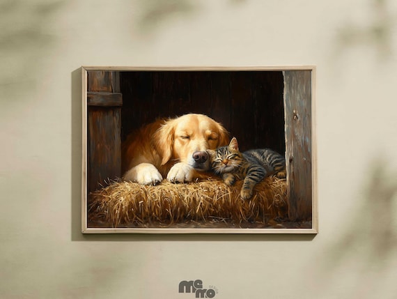 Golden Retriever And Cat Sleeping Poster Cozy Barn Farmhouse Art