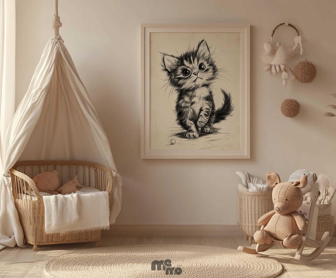 Cute Kitten Boho Sketch, Nursery Animal Decor - Image 2