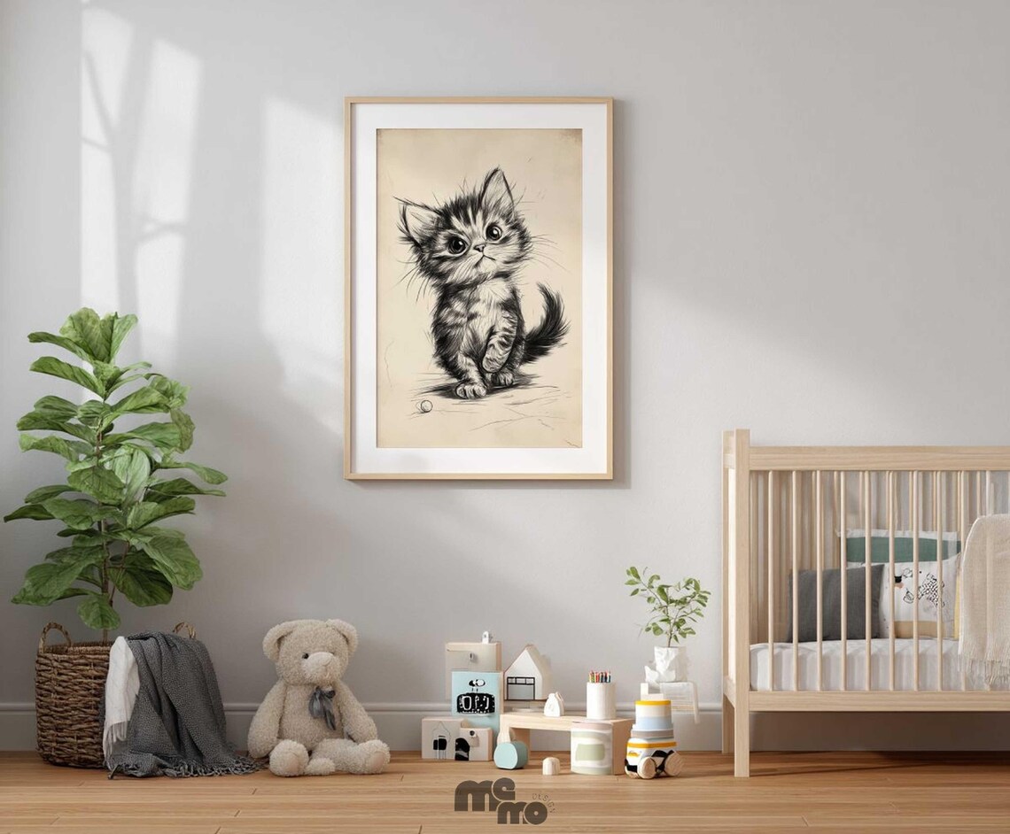 Cute Kitten Boho Sketch, Nursery Animal Decor - Image 4
