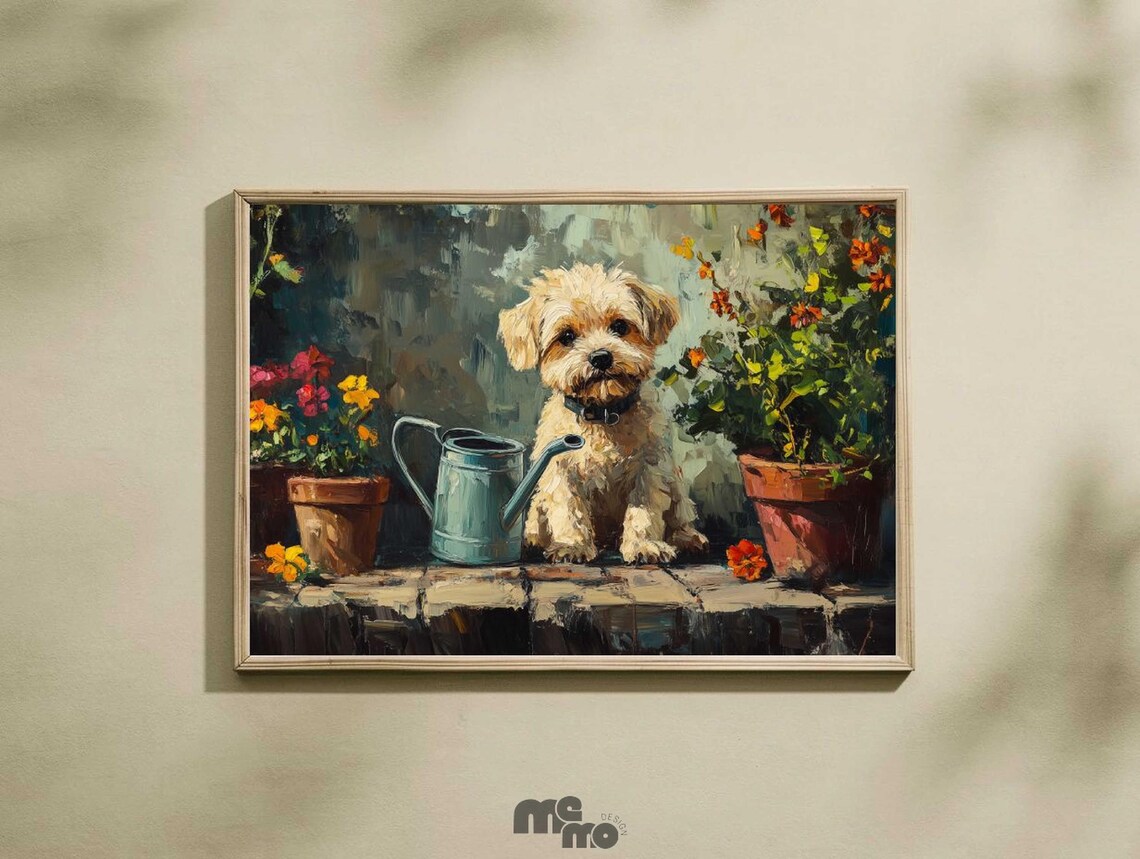 Adorable Yorkie Terrier, Floral Garden Oil Painting