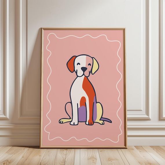 Colorful Sitting Dog Cute Puppy Illustration Pink Kids Poster