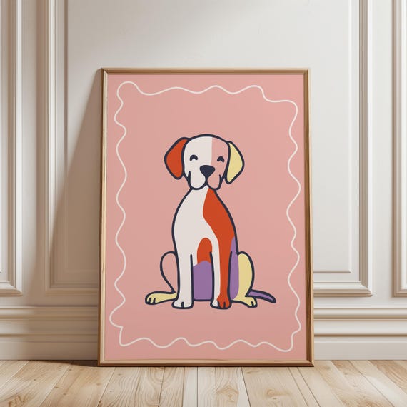 Playful Dog Wall Art Pink Orange Poster For Kids Room Puppy Print Whimsical Animal Nursery Decor Playroom