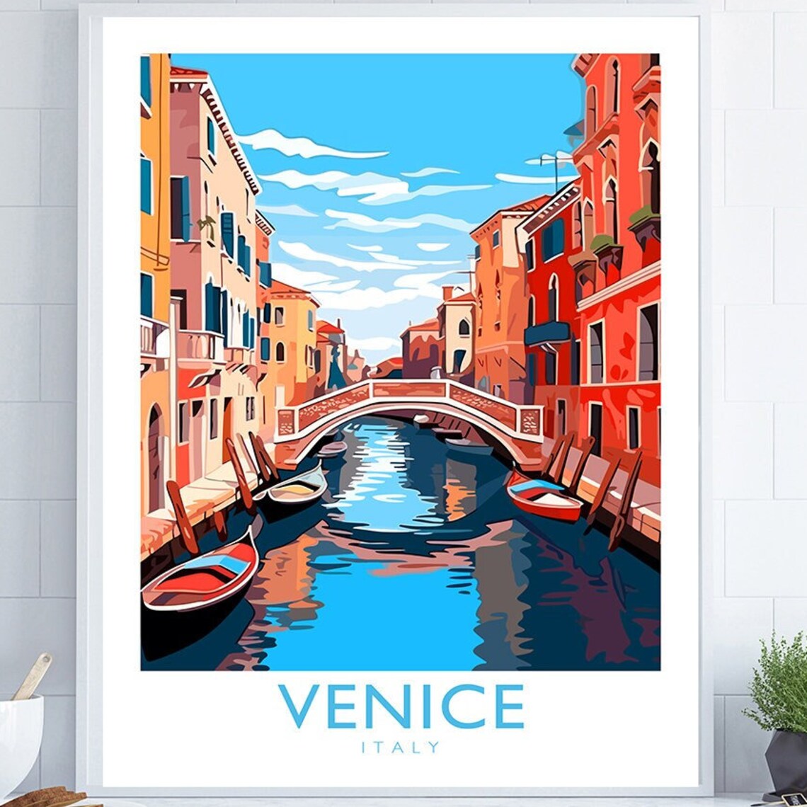 Venice Italy Canal Bridge Gondola Cityscape Vintage Travel Poster