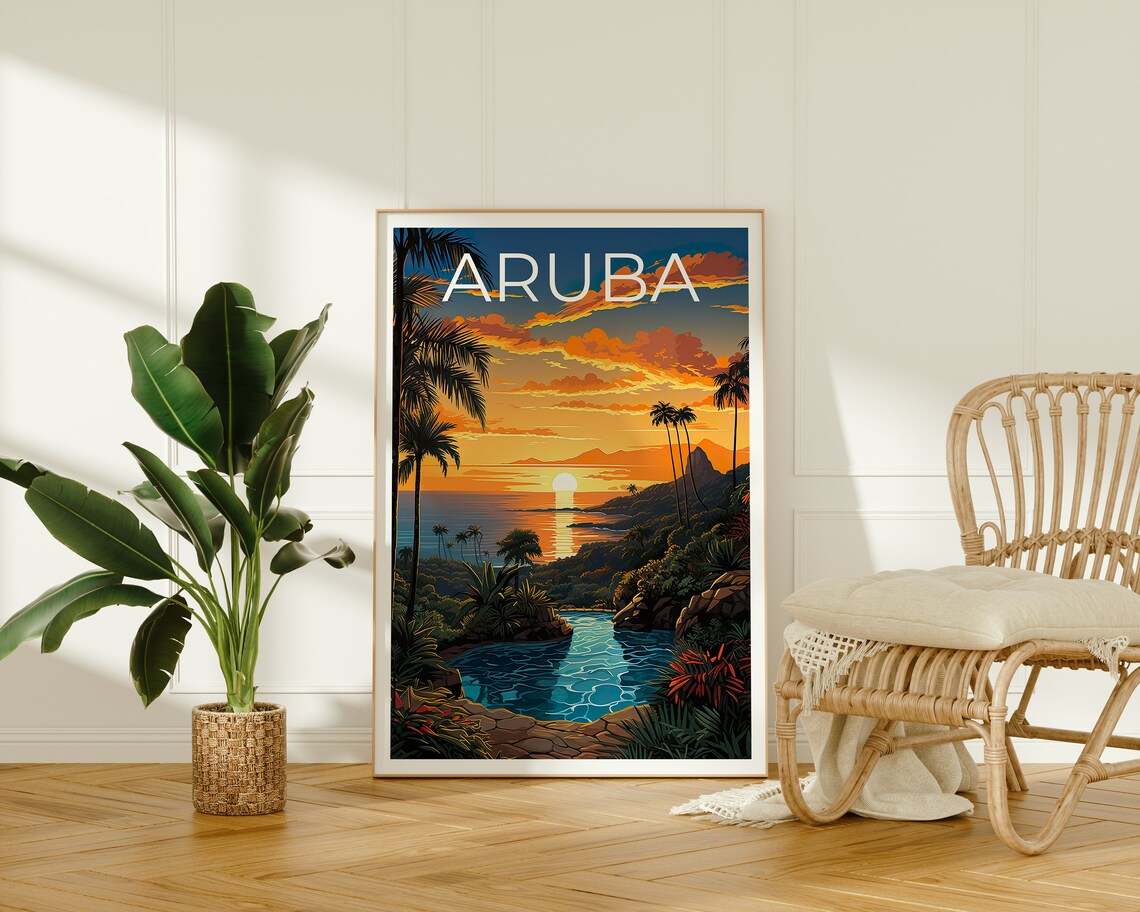 Aruba Caribbean Sunset Palm Trees Lagoon Tropical Shore Travel Poster - Image 2