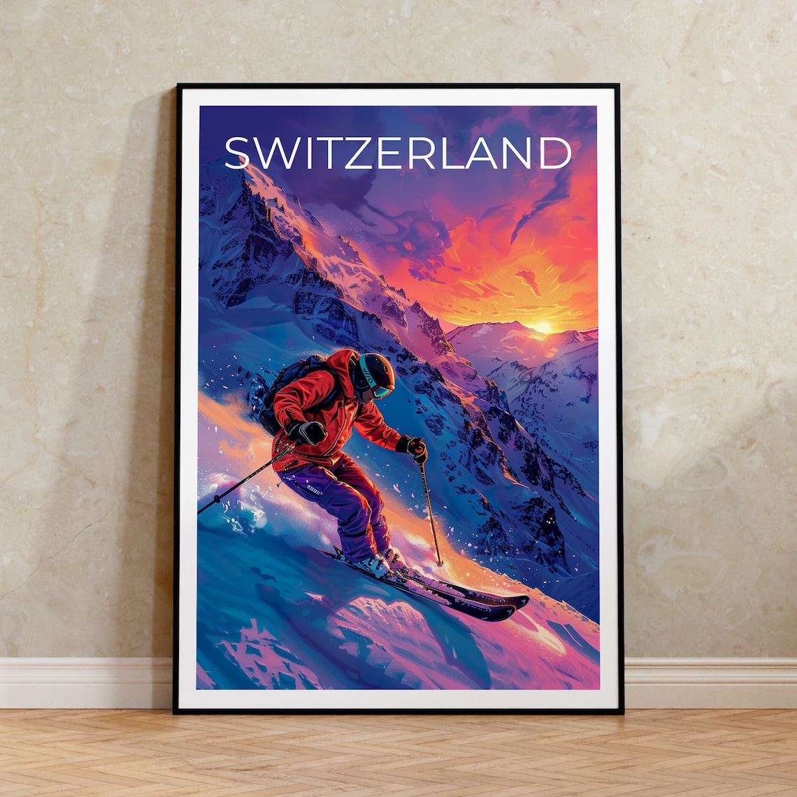 Switzerland Swiss Alps Skier Sunset Steep Powder Slope Poster