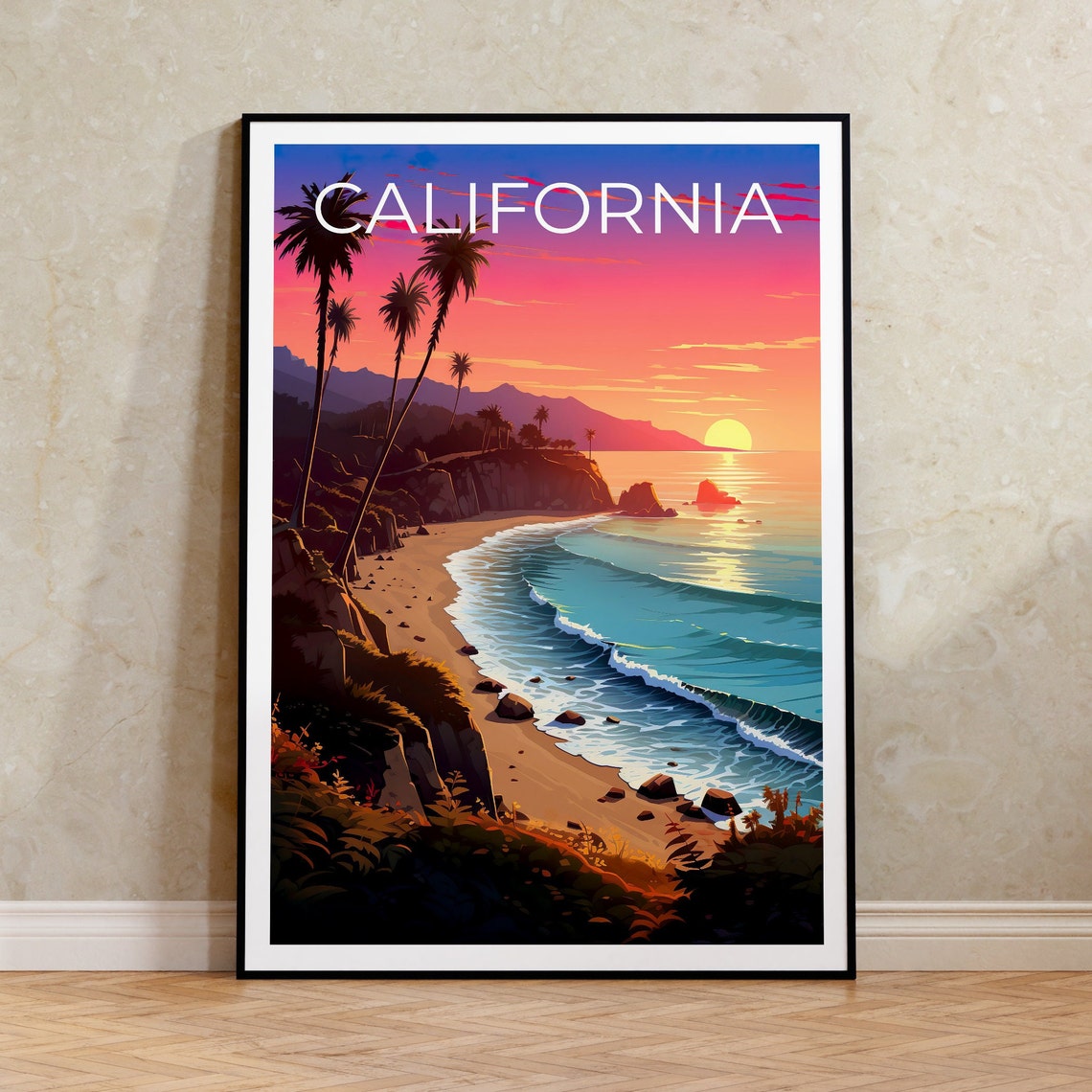 California Coast Beach Sunset Palms Cliffs Turquoise Waves Art Poster