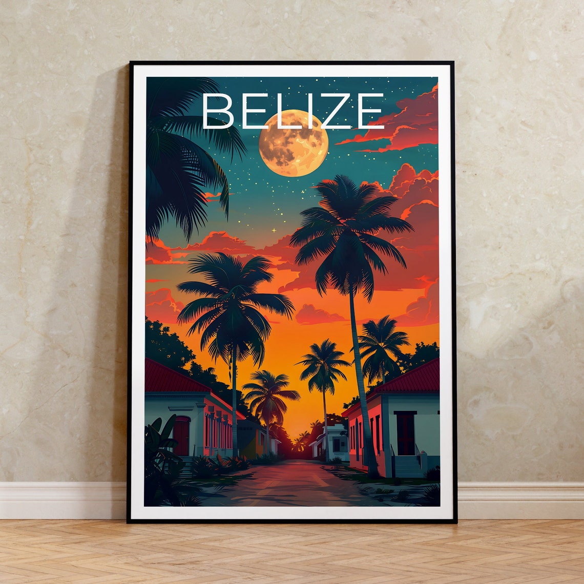 Belize Palm Lined Street Moonlit Sunset Caribbean Scene Poster