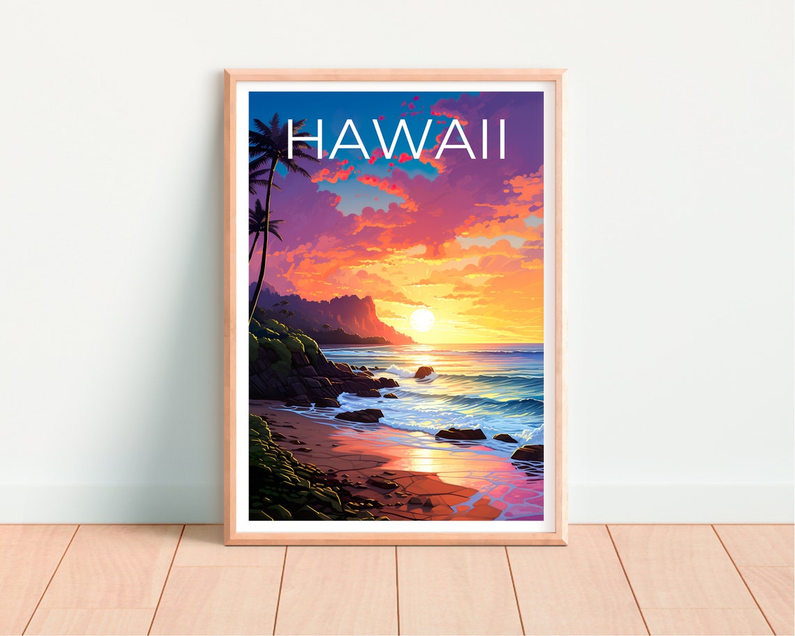 Hawaii Tropical Beach Sunset Palm Trees Rocky Headland Travel Poster - Image 4