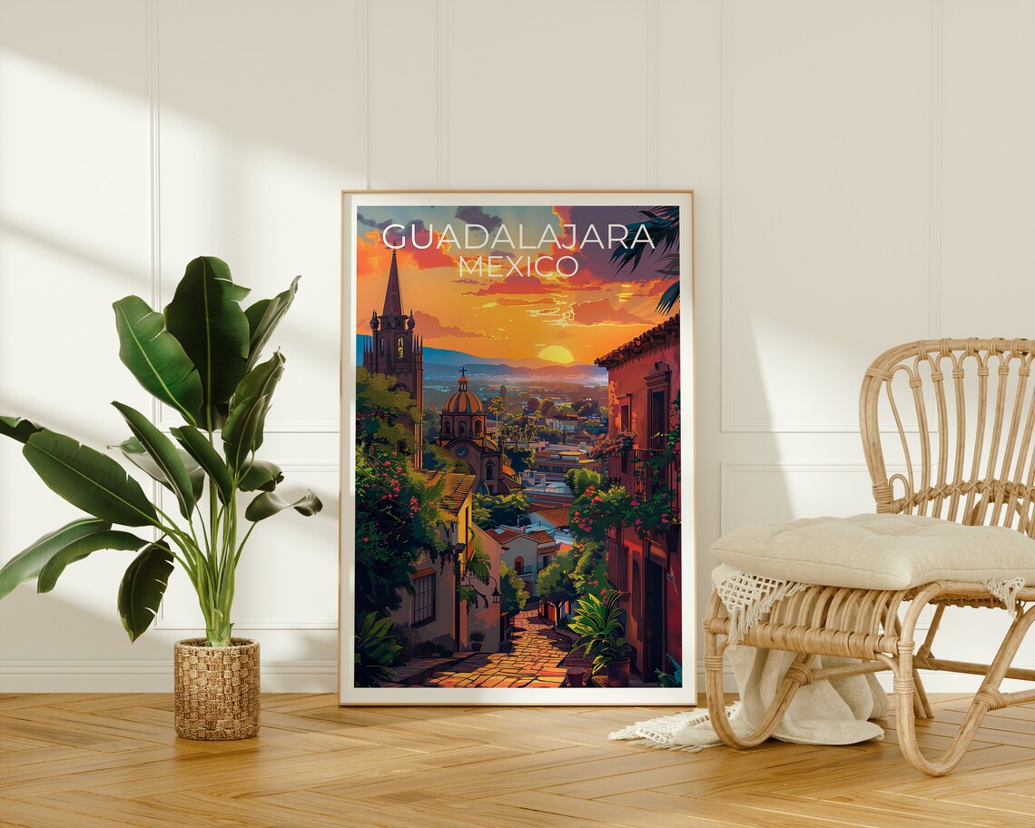 Guadalajara Mexico Colonial Street Church Spire Sunset Travel Poster - Image 2