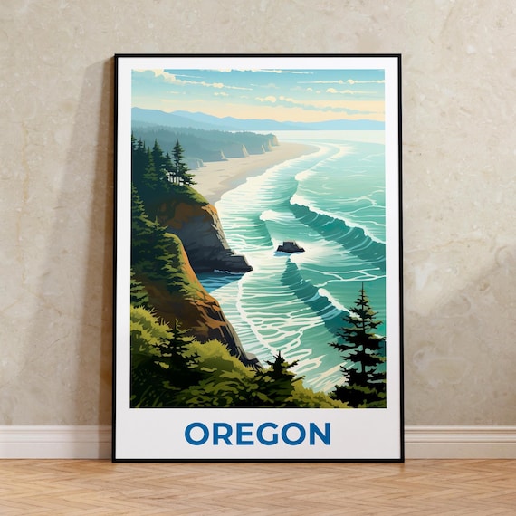 Oregon Pacific Coast Sea Cliffs Ocean Waves Scenic Travel Poster