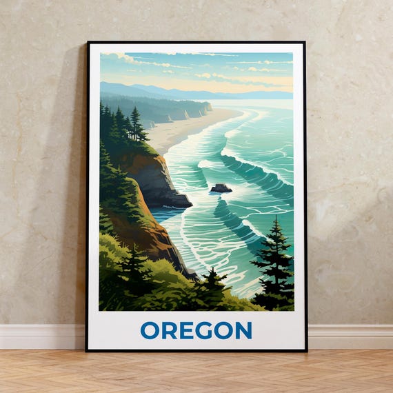 Oregon Travel Print Coast Poster Beach Wall Art West Illustration Home Decor Birthday Gift