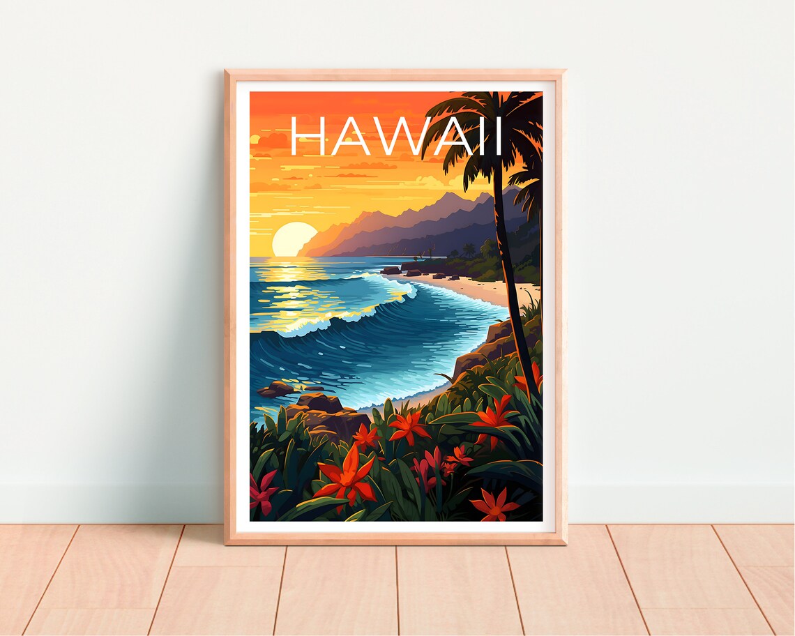 Hawaii Tropical Beach Sunset Palm Wave Golden Hour Travel Poster - Image 4