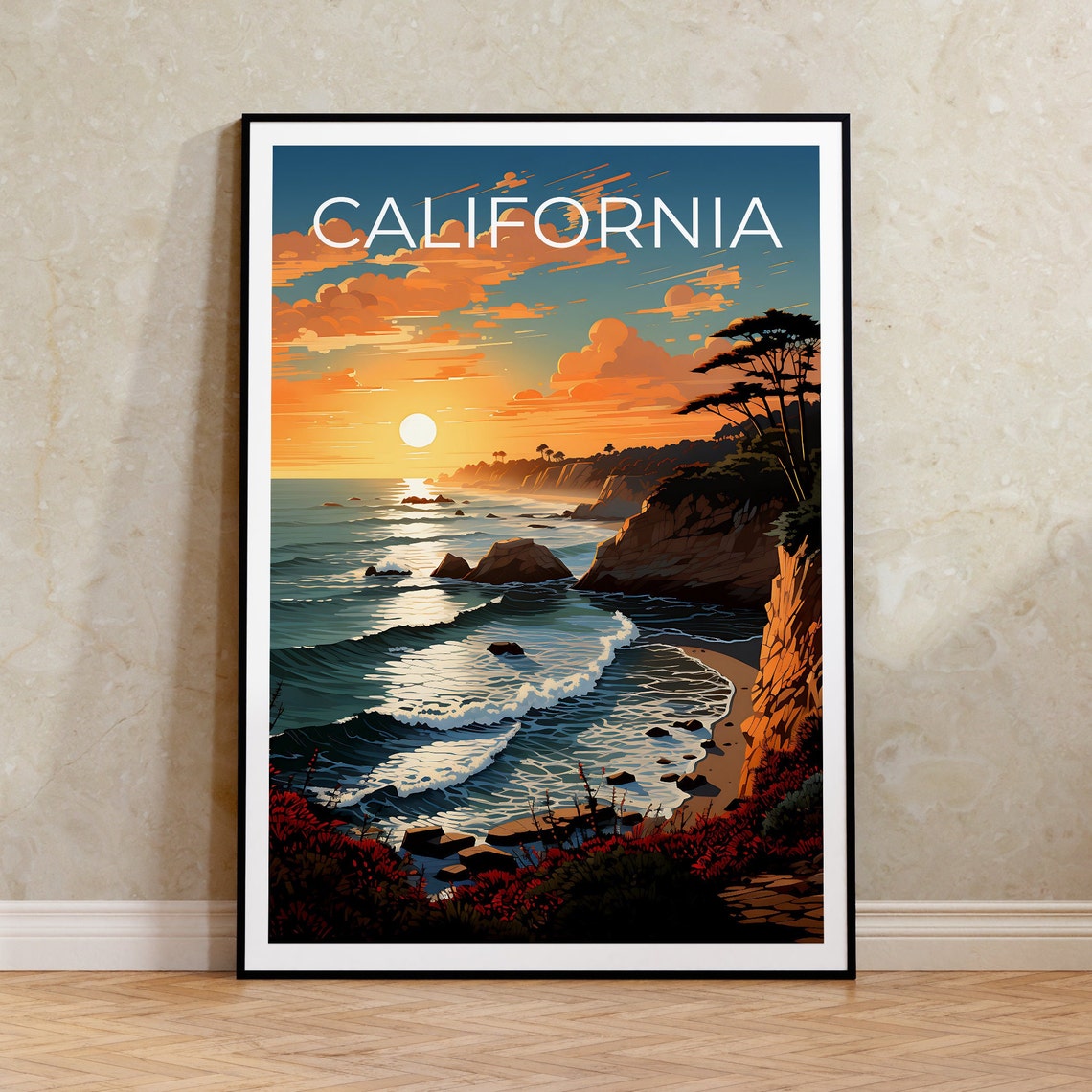 California Coast Sunset Golden Cliffs Ocean Waves Travel Poster