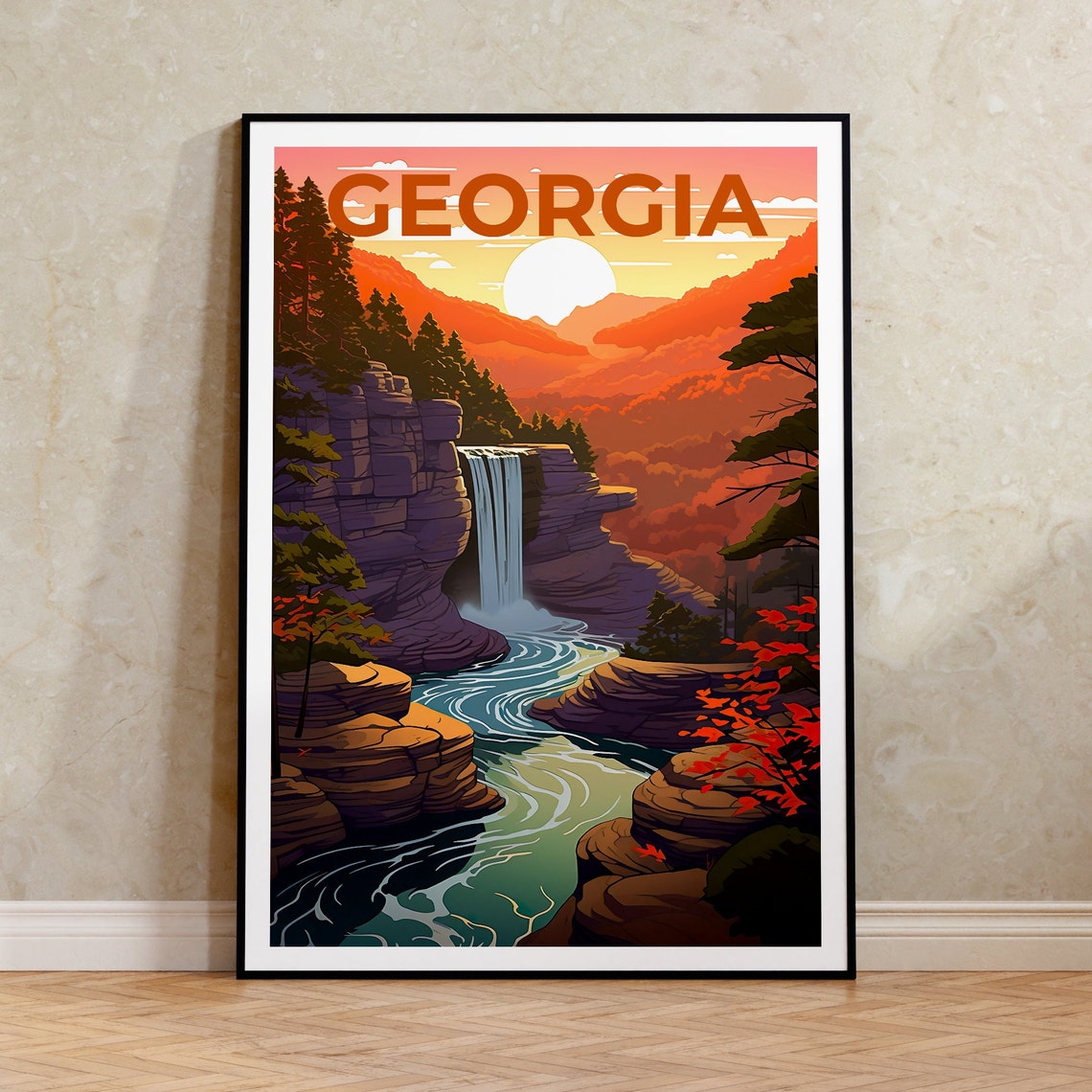 Georgia Forest Waterfall Gorge River Sunset Rocky Canyon Autumn Poster