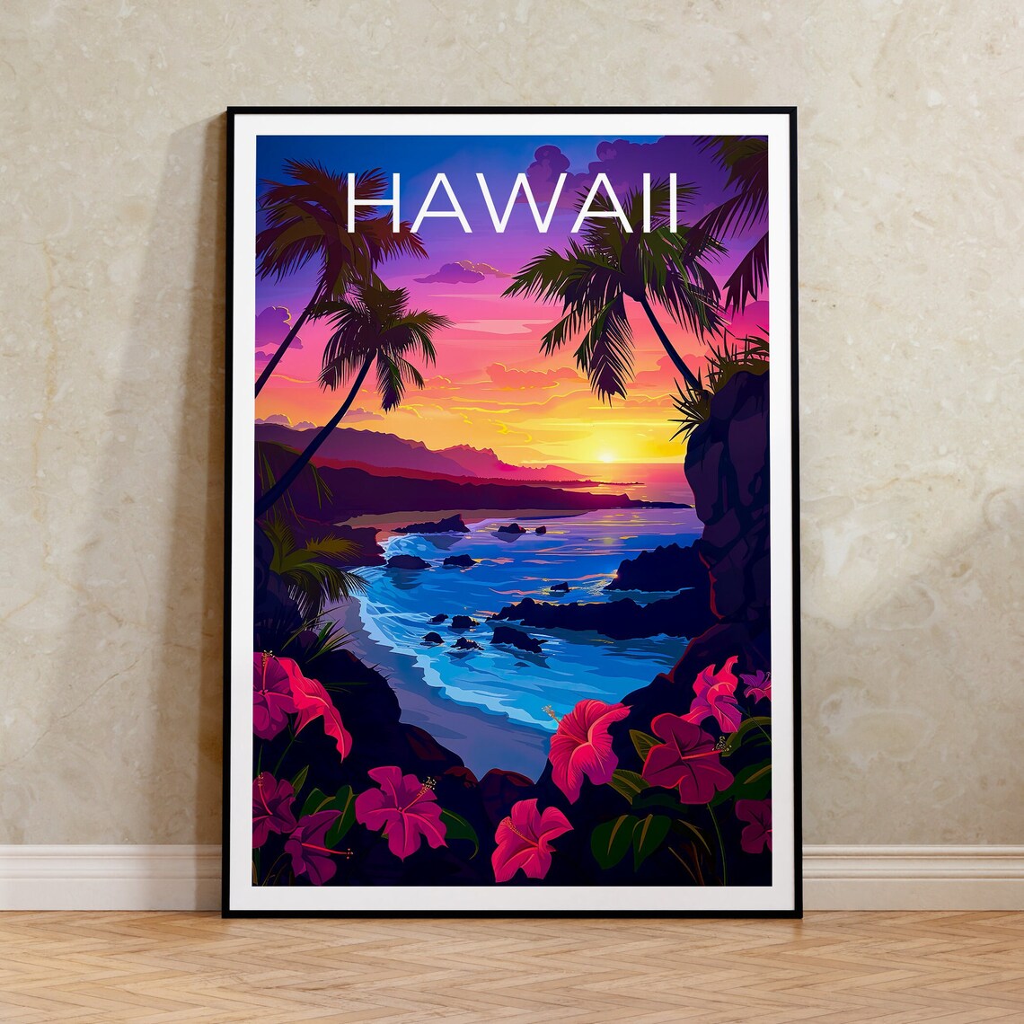 Hawaii Rocky Coast Sunset Palm Trees Pink Hibiscus Cove Poster