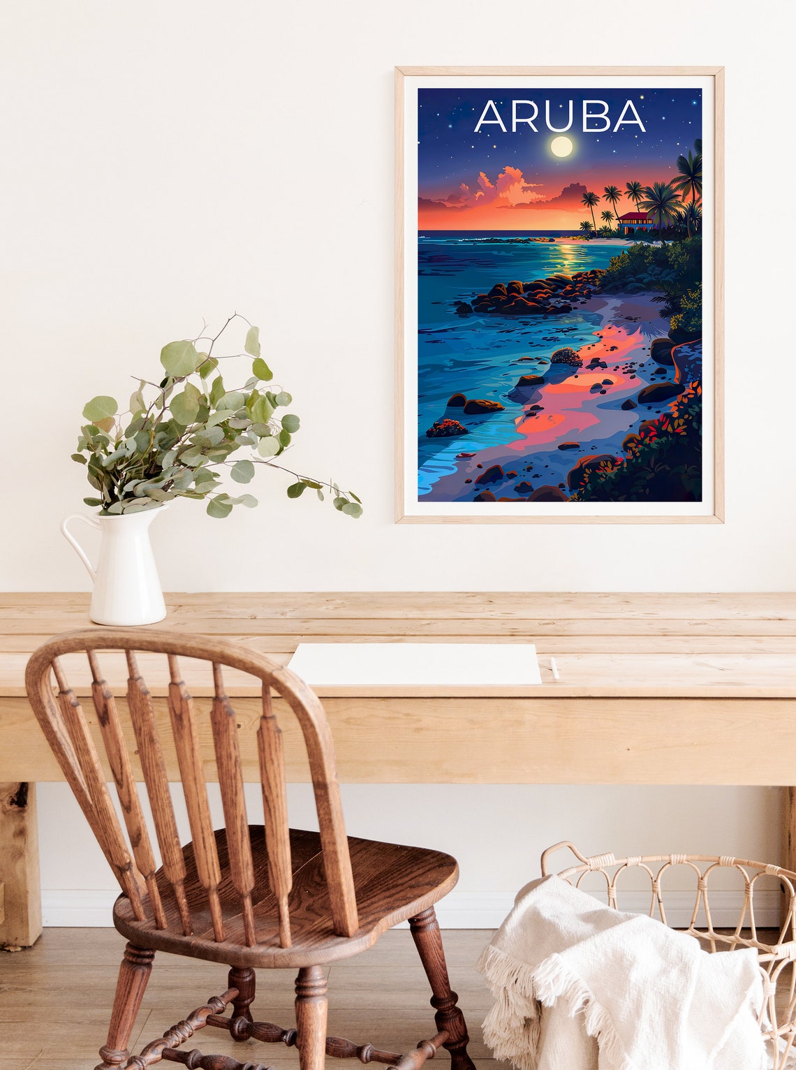 Aruba Moonlit Beach Palm Trees Rocky Shore Night View Travel Poster - Image 2