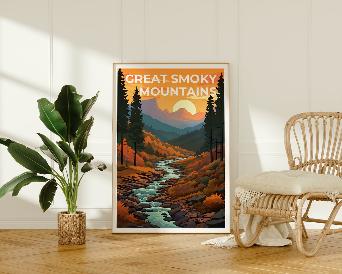 Great Smoky Mountains Autumn River Sunrise Forest Valley Poster - Image 2