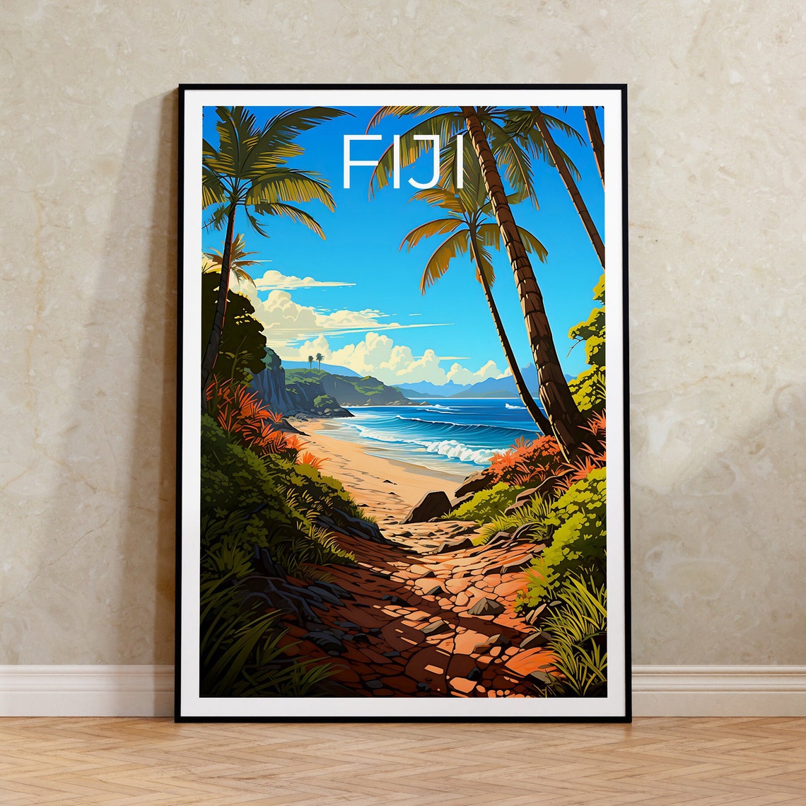 Fiji Tropical Beach Path Palm Trees Blue Ocean Island View Poster