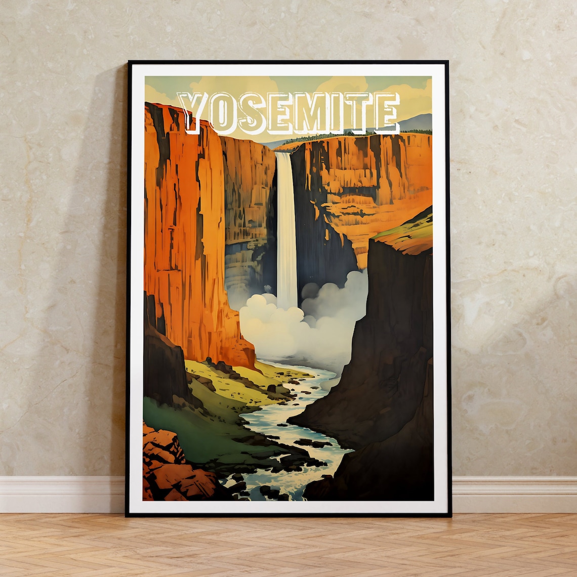 Yosemite National Park Waterfall Misty Canyon Vintage Style Poster